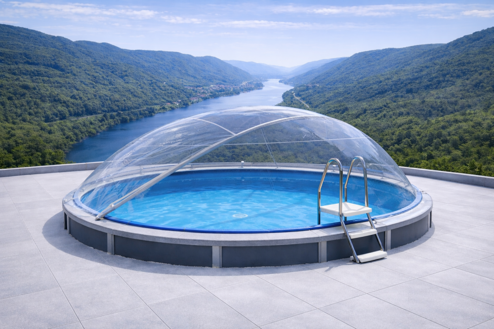 Cabrio Dom für Stahlwandpool rund mit schmalen Handlauf